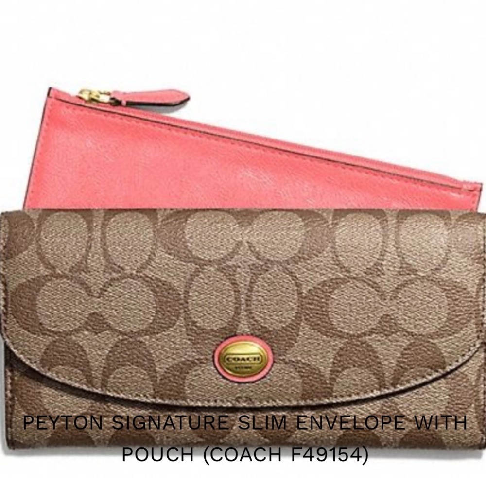 COACH Peyton Signature Slim Envelope Wallet Khaki Tan Coral Pink Canvas Leather - Picture 4 of 16